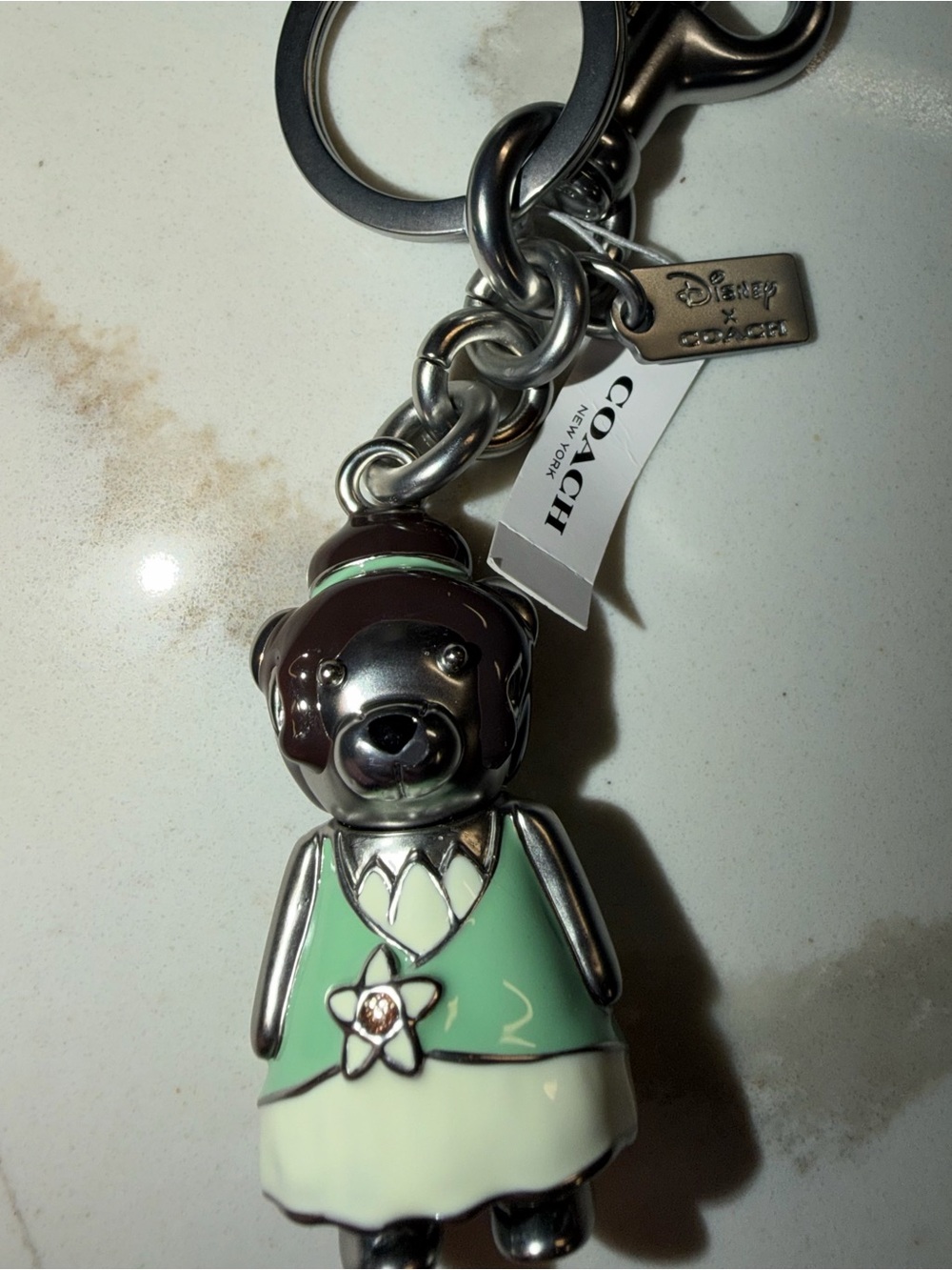 CoachXDisney Tiana Mint Green and Silver Bear Keychain Charm